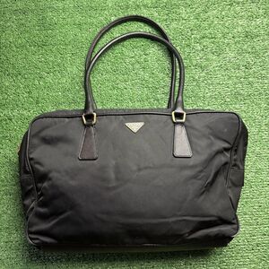 Vintage PRADA Tessuto Handbag Rectangle Black Nylon & Leather AUTH Shoulder Bag